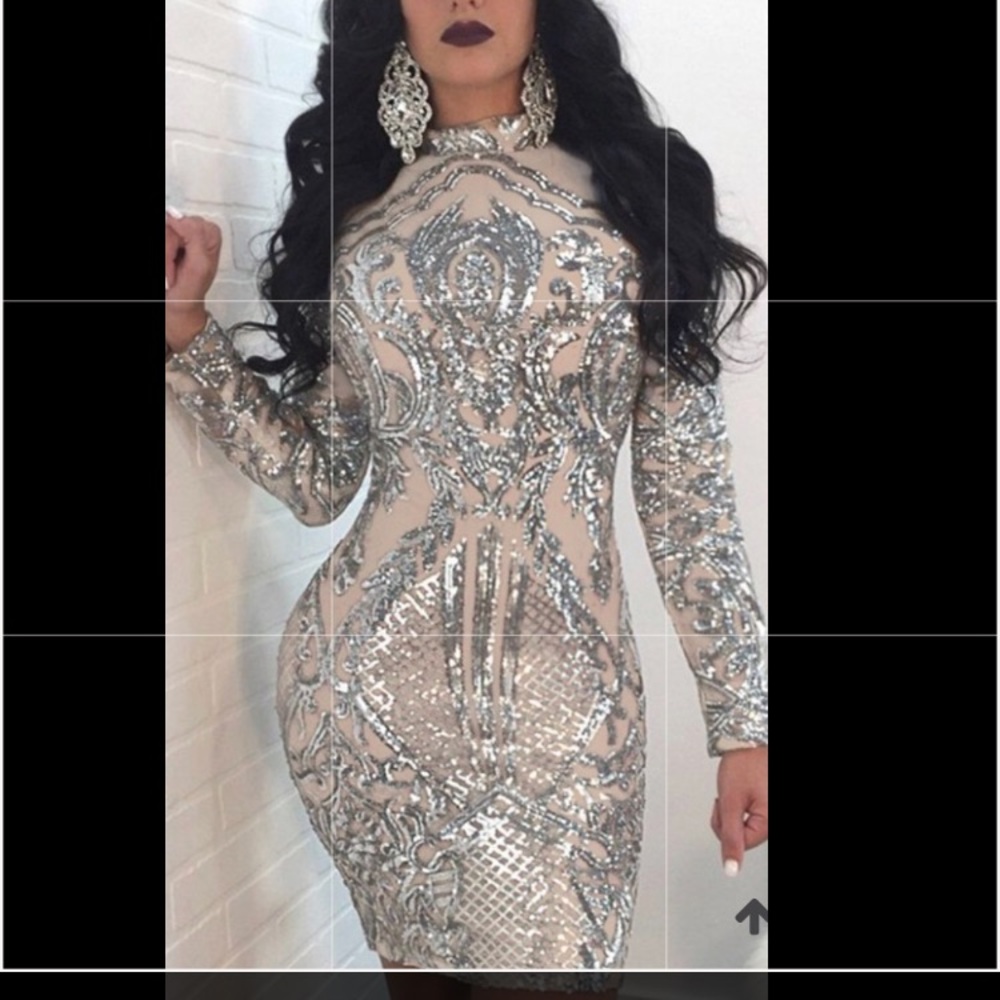 SILVER MOCK NECK SPARKLE SEQUINED DRESS!
